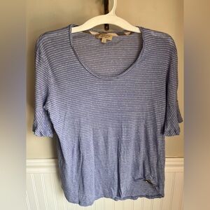 Burberry 100% Linen Blue Stripe Flutter Sleeve Top Lightweight Summer Tee, Large